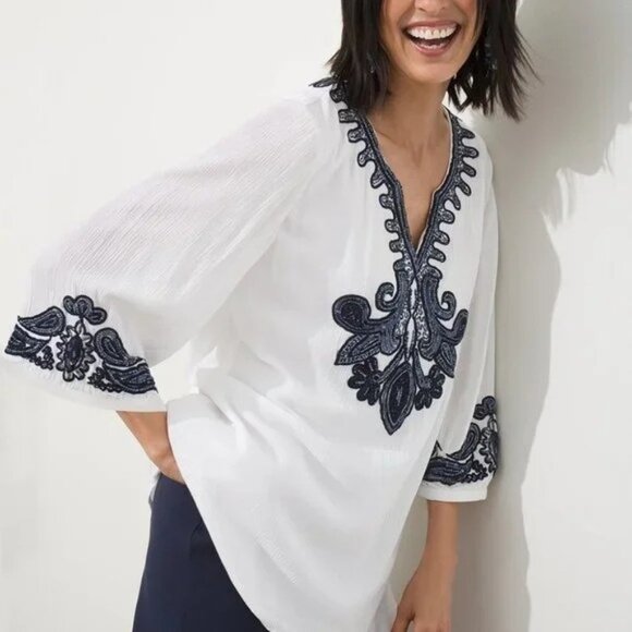 Chicos White Gauze 3/4 Sleeve V-Neck Lined Navy Beaded Embellished Tunic 16/18 - Picture 2 of 14